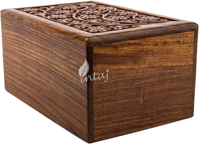 Handcarved Wooden Cremation Urn – Tree of Life Design – Suitable for Adult Men & Women – 90lbs Capacity