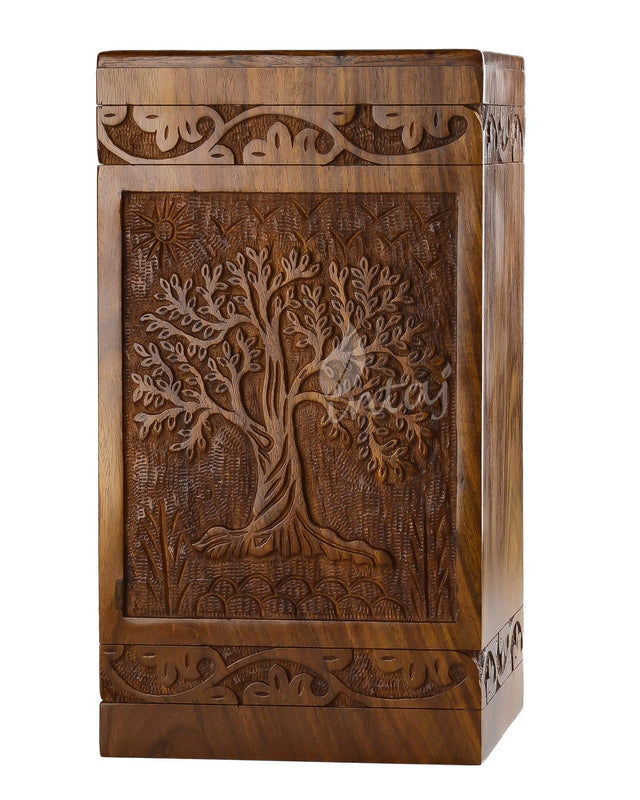 Handcarved Wooden Cremation Urn – Tree of Life – Suitable for Adults – 640lbs Capacity