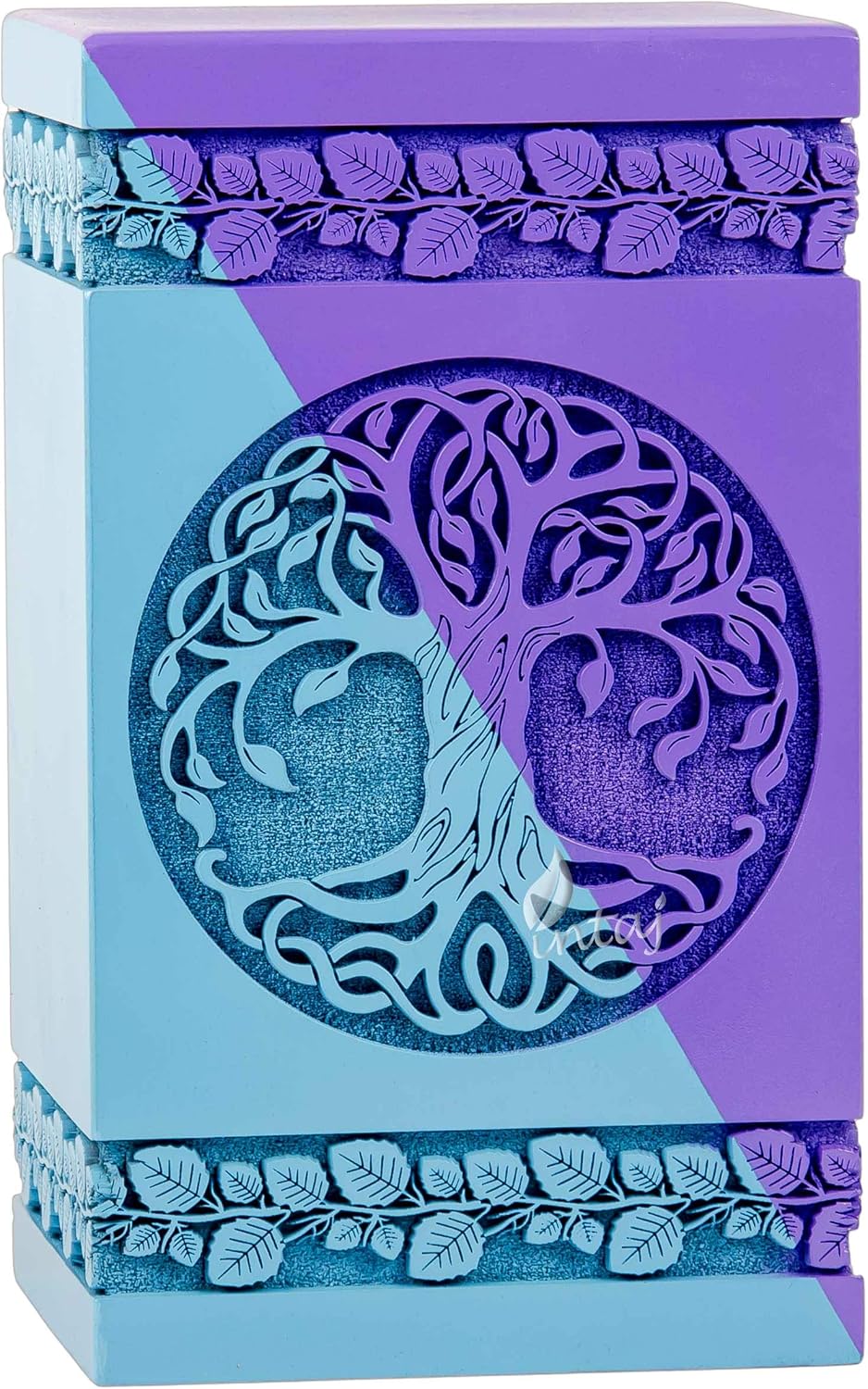 Handcarved Wooden Cremation Urn – Celtic Knot Tree of Life – Suitable for Adult Men & Women, Mom & Dad – 250 Cu/in Capacity – SkyBlue Purple Finish (Large, 11.25x6.25")