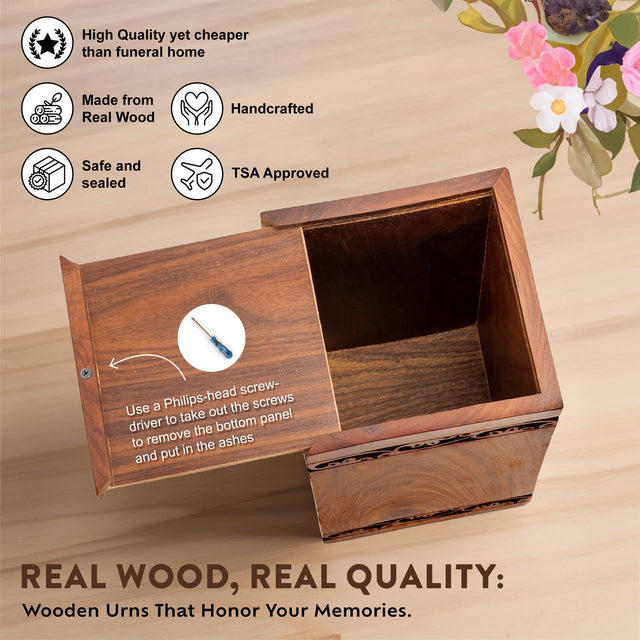 Handcarved Wooden Cremation Urn – Tree of Life – Suitable for Adult Men & Women – 250lbs