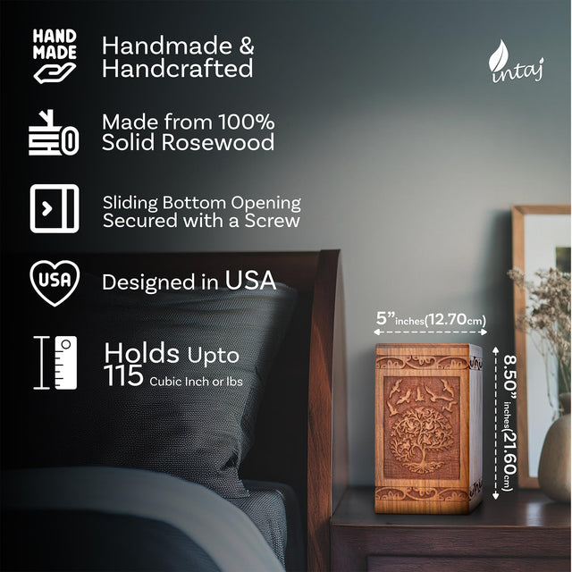 Handcarved Wooden Cremation Urn – Tree of Life – Suitable for Adult Men & Women – 250lbs