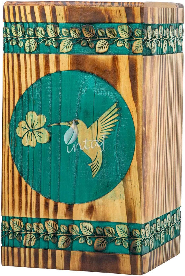 Wooden Urn for Human Ashes – Hummingbird Design – Suitable for Adults – Small (8Hx4.75W, 115 Cu/in)