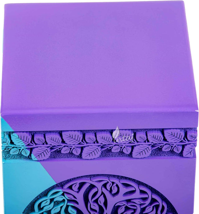 Handcarved Wooden Cremation Urn – Celtic Knot Tree of Life – Suitable for Small Amount of Ashes, Keepsake Memorial – 6.5 Cu/in Capacity – SkyBlue Purple Finish (3.5x2.0")