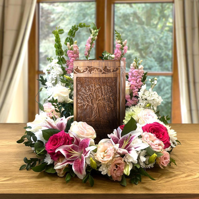 Handcarved Wooden Cremation Urn – Tree of Life Design – Suitable for Adult Men & Women, Mom & Dad – 115lbs Capacity