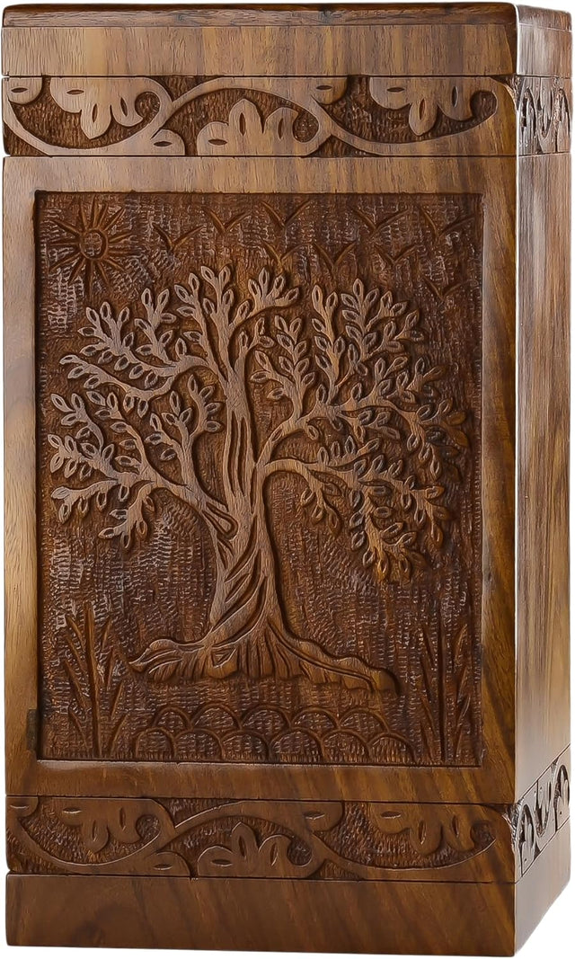 Handcarved Wooden Cremation Urn – Tree of Life Design – Suitable for Adult Men & Women, Mom & Dad – 250lbs Capacity