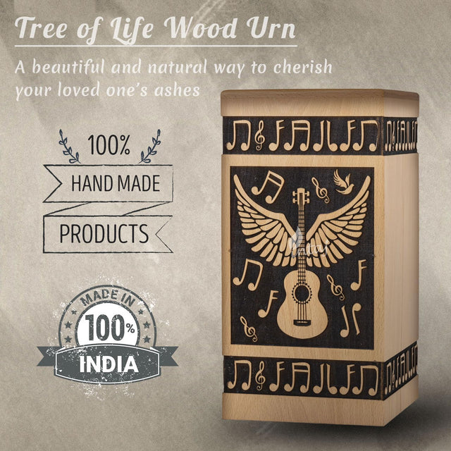 Handcarved Wooden Cremation Urn – Guitar Wings Design in Beechwood – Suitable for Adult Men & Women, Mom & Dad – 250 Cu/in Capacity