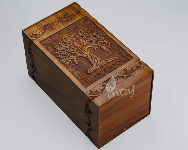 Handcarved Wooden Cremation Urn – Tree of Life Design – Suitable for Adult Men & Women, Mom & Dad – 118 Cu/in Capacity