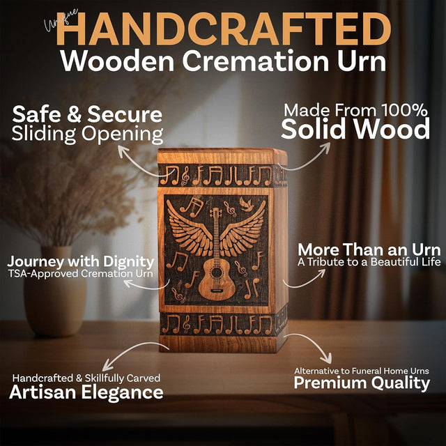 Handcarved Wooden Cremation Urn – Wings of Angel and Musical Notes Design in Rosewood – Suitable for Adult Men & Women, Mom & Dad – 115lbs Capacity