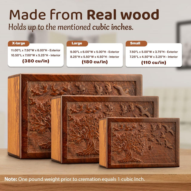 Handcarved Wooden Cremation Urn – Tree of Life Design – Suitable for Adult Men & Women, Mom & Dad, Children & Pets – 340 Cu/in Capacity