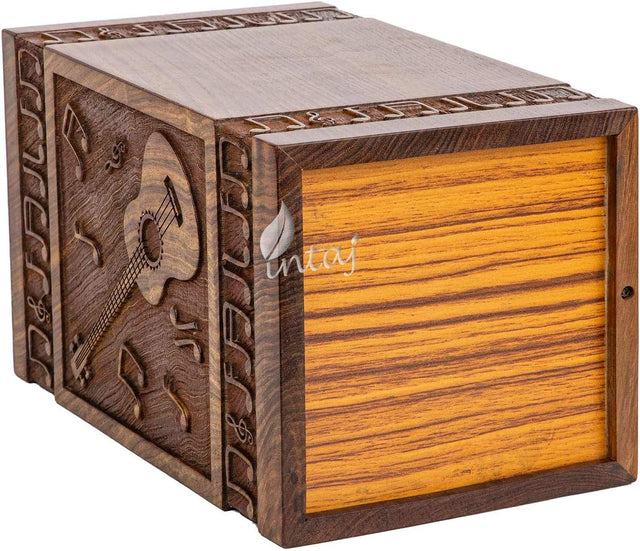 Handcarved Wooden Cremation Urn – Guitar Design Memorial Urn – Suitable for Adult Men & Women, Children & Pets – 250lbs Capacity