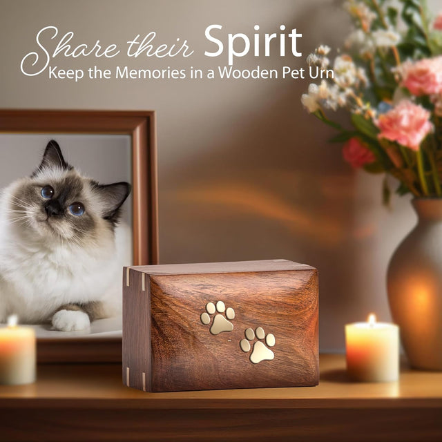 Handcarved Wooden Pet Cremation Urn – Custom Engraved Rosewood with Two Paws Inlaid Design – Suitable for Pets – 121lbs Capacity