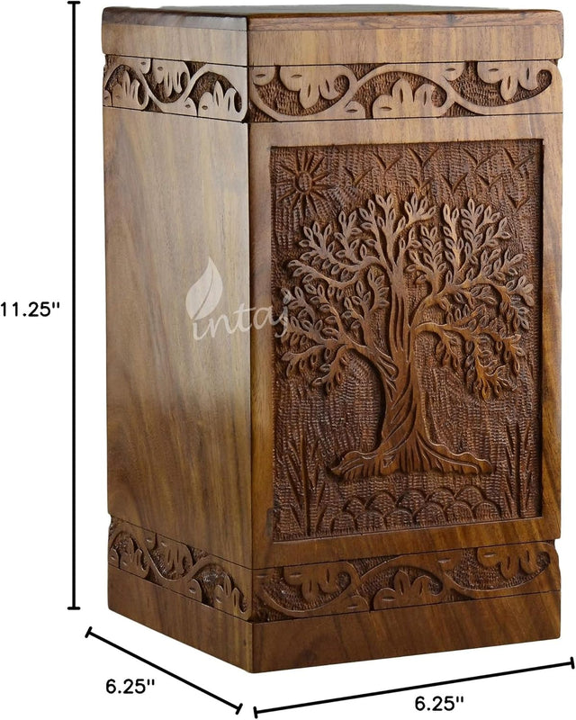 Handcarved Wooden Cremation Urn – Tree of Life Birds Design – Suitable for Adult Men & Women, Mom & Dad – 250 lbs Capacity