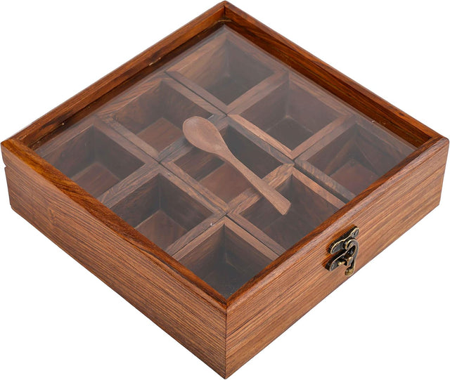 Handmade Rosewood Spice Box, 9 Compartment Wooden Masala Box