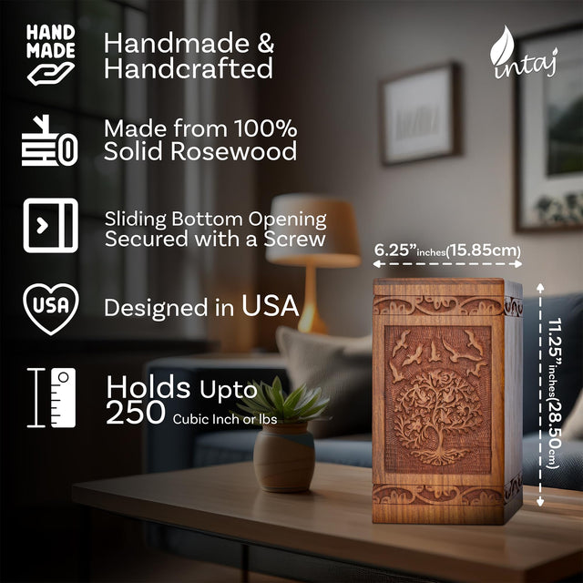 Tree of Life Wooden Urn – Suitable for Men, Women, Mom & Dad – 20lbs Capacity – Mini Rosewood Keepsake Cremation Urn