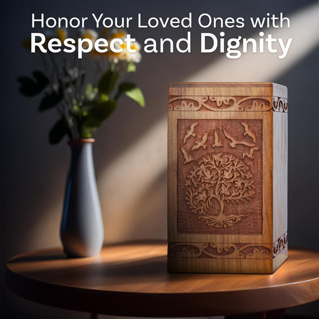 Handcarved Wooden Cremation Urn – Tree of Life – Suitable for Adult Men & Women – 250lbs