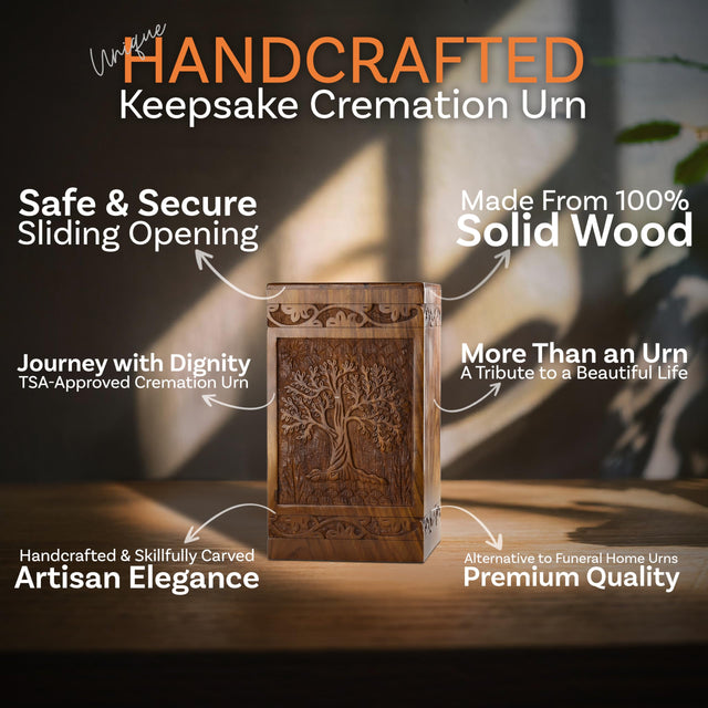 Mini Rosewood Keepsake Urn – Tree of Life – Suitable for Men, Women, Mom & Dad – 20lbs