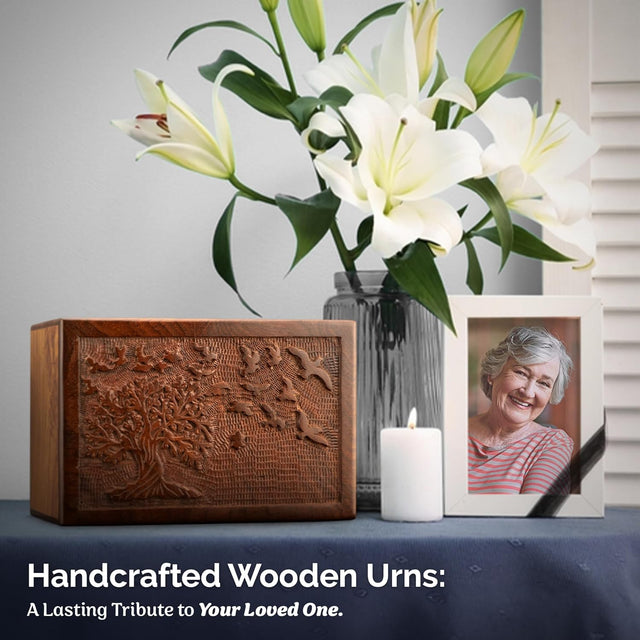 Handcarved Wooden Cremation Urn – Tree of Life Design – Suitable for Adult Men & Women, Mom & Dad, Children & Pets – 340 Cu/in Capacity