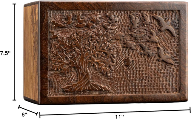 Handcarved Wooden Cremation Urn – Tree of Life Design – Suitable for Adult Men & Women, Mom & Dad, Children & Pets – 340 Cu/in Capacity
