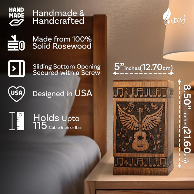 Handcarved Wooden Cremation Urn – Wings of Angel and Musical Notes Design in Rosewood – Suitable for Adult Men & Women, Mom & Dad – 115lbs Capacity