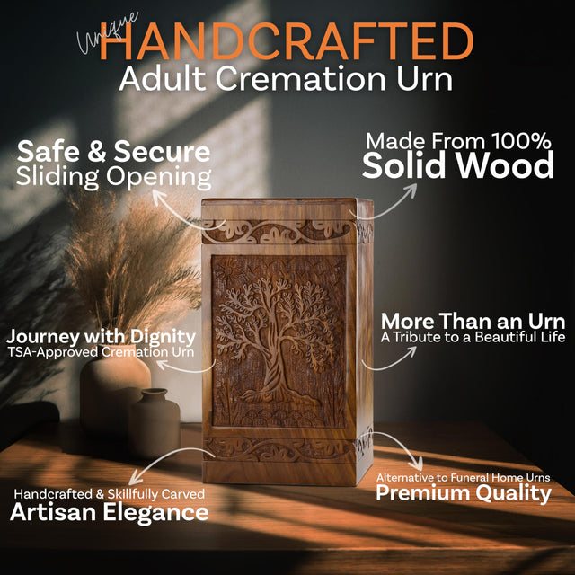 Handcarved Wooden Cremation Urn – Tree of Life – Suitable for Adult Men & Women, Mom & Dad – 115lbs Capacity