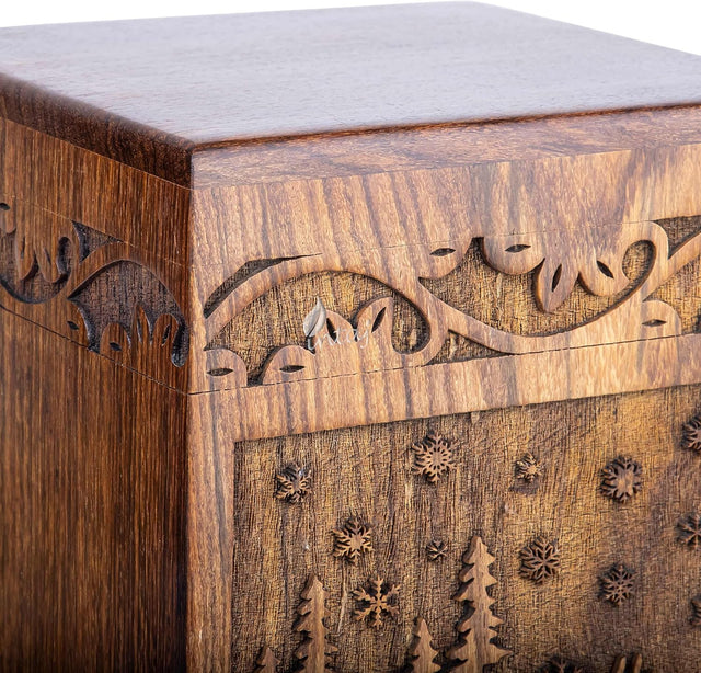 Handcarved Wooden Cremation Urn – Deer Carved Design in Custom Rosewood – Suitable for Adult Men & Women, Mom & Dad, and Pet Dogs – 20 Cu/in Capacity