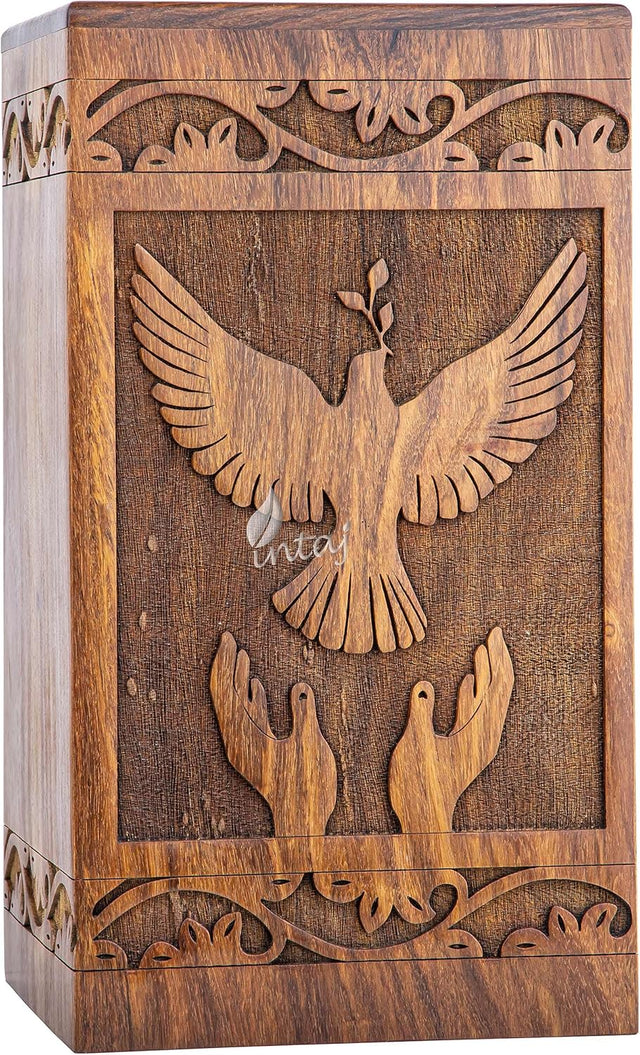 Handcarved Wooden Cremation Urn – Peaceful Bird Design in Natural Rosewood – Suitable for Adult Men & Women, Mom & Dad, Pet Dogs – 180lbs Capacity