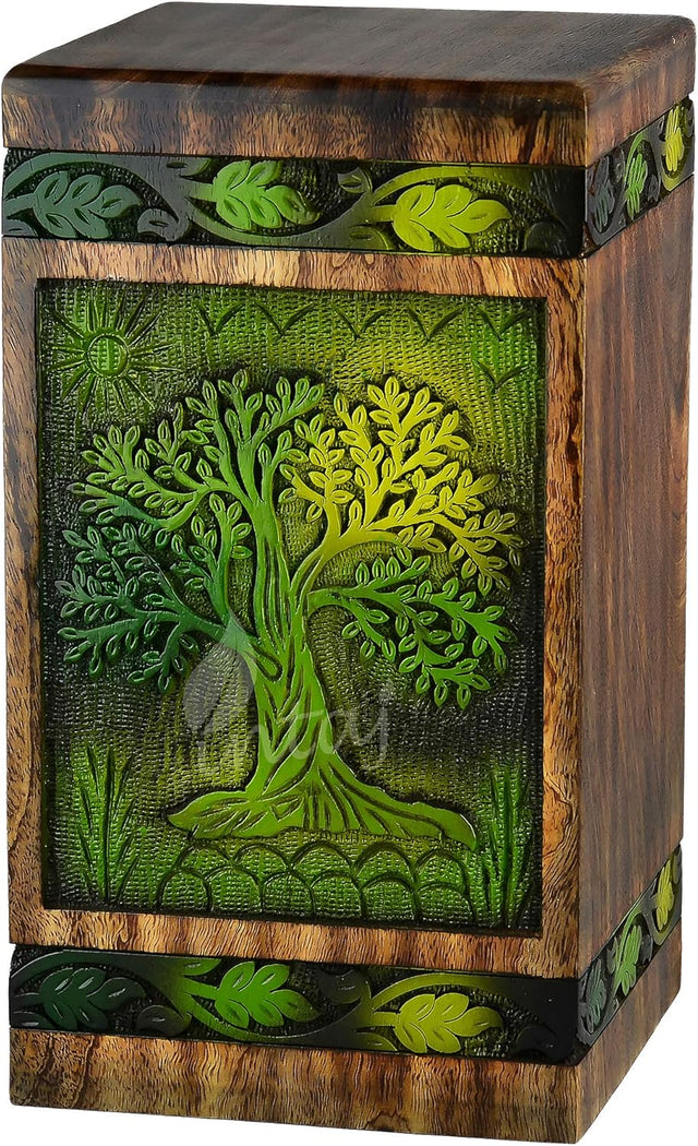 Handcarved Wooden Cremation Urn – Tree of Life Design – Suitable for Adult Men & Women, Mom & Dad – 250 Cu/in Capacity, Green Blaze