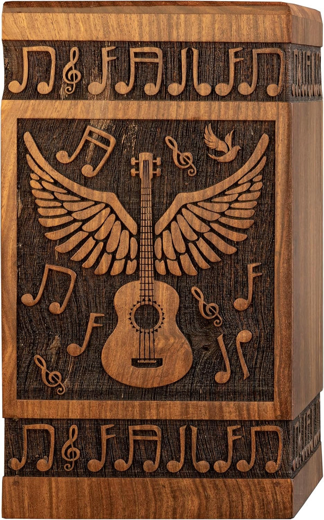 Handcarved Wooden Cremation Urn – Wings of Angel and Musical Notes Design in Rosewood – Suitable for Adult Men & Women, Mom & Dad – 115lbs Capacity
