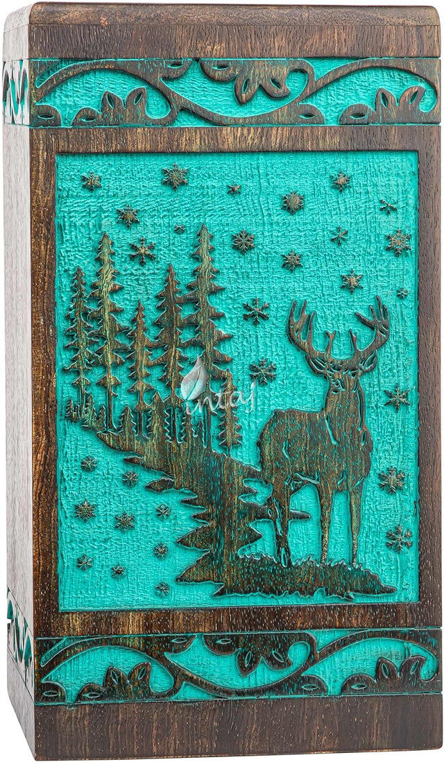 Handcarved Wooden Cremation Urn – Deer Carved Design in Custom Teal Green – Suitable for Adult Men & Women, Mom & Dad, and Pet Dogs – 115 Cu/in Capacity