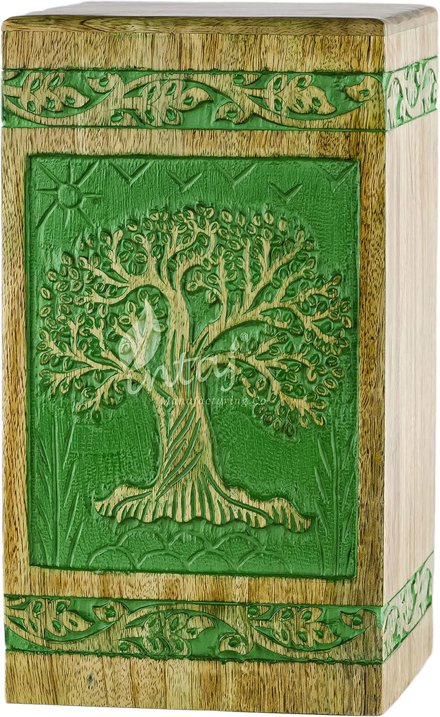 Handcarved Wooden Cremation Urn – Fresh Green Tree of Life in Rosewood – Suitable for Adult Men & Women, Mom & Dad, Pets – 115 Cu/in Capacity