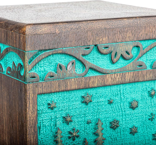 Handcarved Wooden Cremation Urn – Deer Carved Design in Custom Teal Green – Suitable for Adult Men & Women, Mom & Dad, and Pet Dogs – 115 Cu/in Capacity
