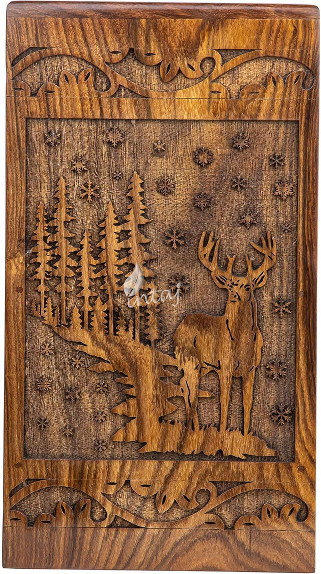 Handcarved Wooden Cremation Urn – Deer Carved Design in Custom Rosewood – Suitable for Adult Men & Women and Pet Dogs – 250 Cu/in Capacity