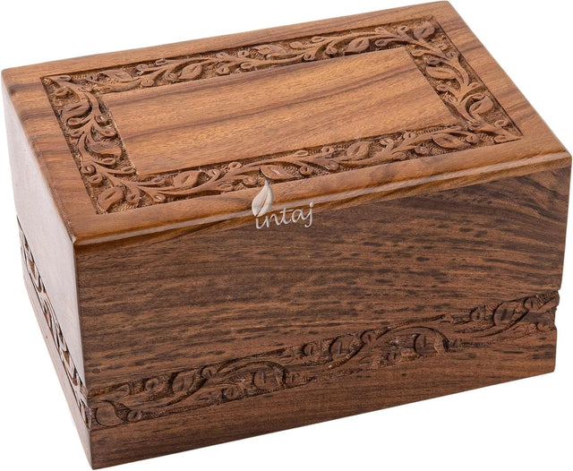 Handcarved Wooden Cremation Urn – Custom Border Carved Design in Rosewood – Suitable for Adult Men & Women, Mom & Dad – 35 Cu/in Capacity