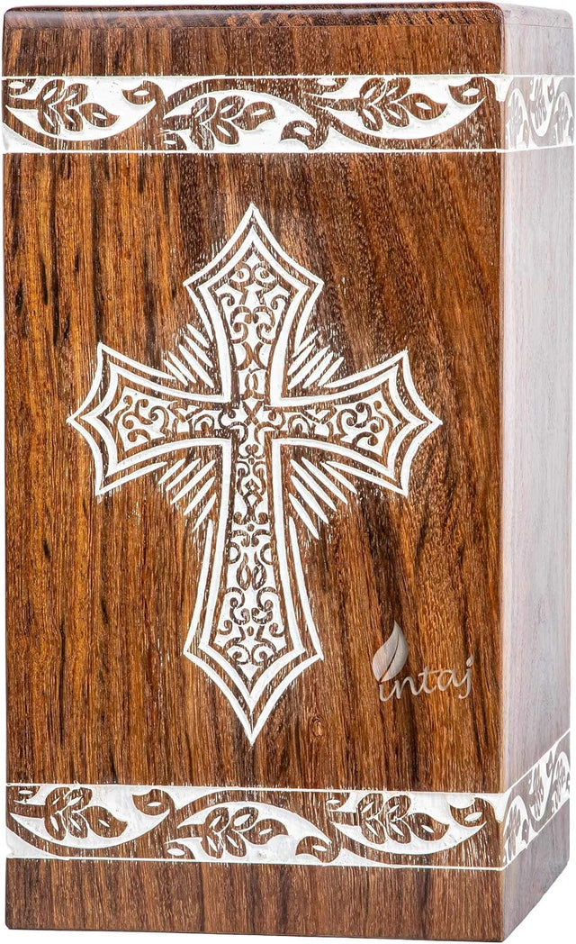 Handcarved Wooden Cremation Urn – Grace and Mercy Cross Design – Suitable for Adult Men & Women, Mom & Dad – 250 Cu/in Capacity