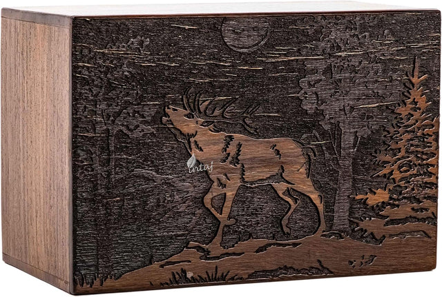 Handmade Wooden Cremation Urn – Deer Engraved – Suitable for Human Ashes – XL (11x7.5x6, 340 Cu/in)