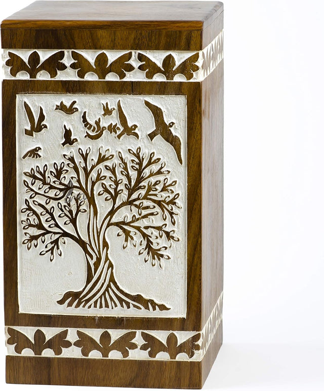 Handcarved Wooden Cremation Urn – Soulful Tree of Life Design – Suitable for Keepsake Ashes or Small Memorial – 100 Cu/in Capacity – Antique Finish (Keepsake, Tree 73 Design)