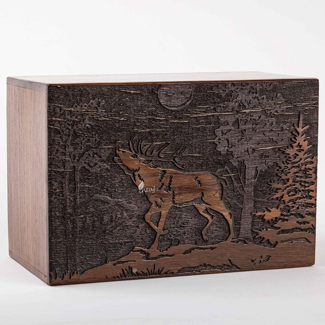 Handmade Wooden Cremation Urn – Deer Engraved – Suitable for Human Ashes – XL (11x7.5x6, 340 Cu/in)
