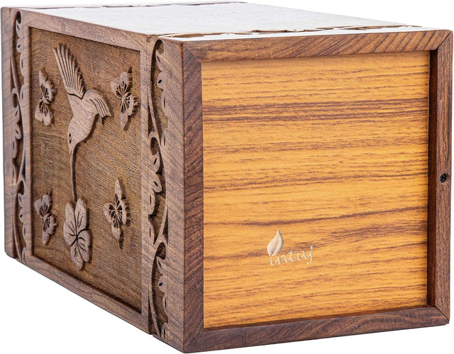 Handcarved Wooden Cremation Urn – White Butterfly Birds with Hummingbird Design – Suitable for Adult Men & Women – 180lbs Capacity