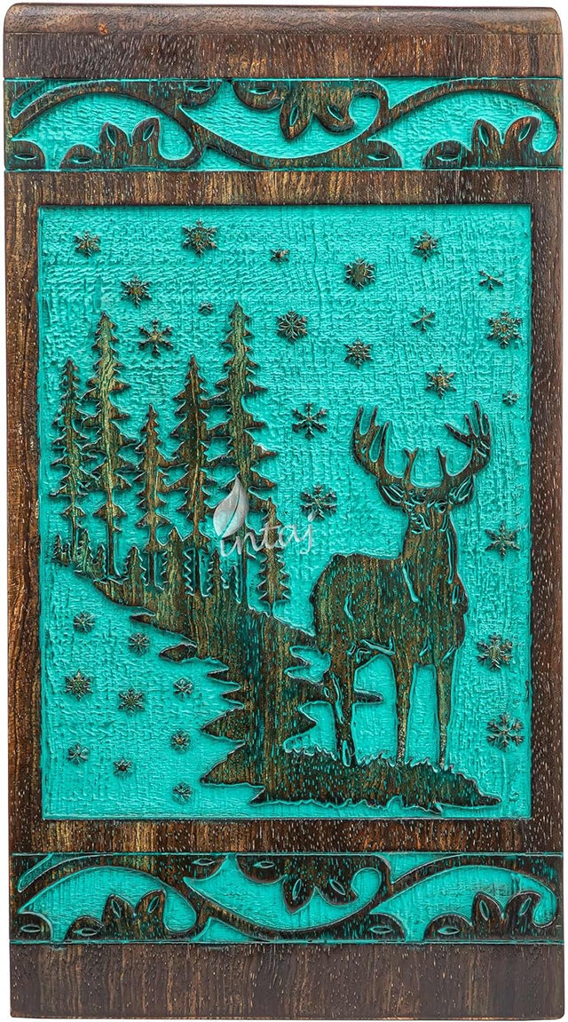 Handcarved Wooden Cremation Urn – Deer Carved Design in Custom Teal Green – Suitable for Adult Men & Women, Mom & Dad, and Pet Dogs – 250 Cu/in Capacity