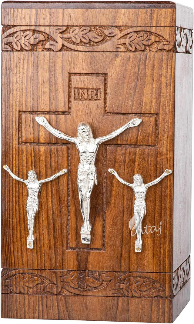 Handcarved Wooden Cremation Urn – Cross & Jesus Design – Suitable for Adult Men & Women, Mom & Dad, Pets & Cats – 250 Cu/in Capacity