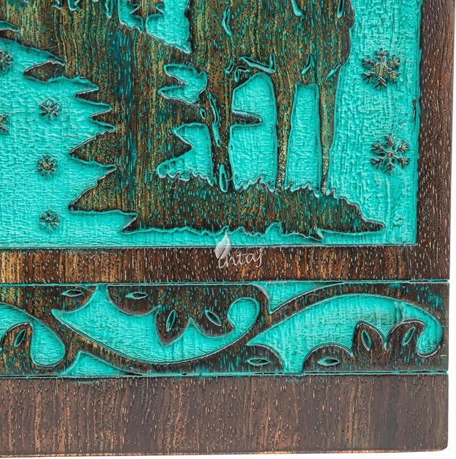 Handcarved Wooden Cremation Urn – Deer Carved Design in Custom Teal Green – Suitable for Adult Men & Women, Mom & Dad, and Pet Dogs – 115 Cu/in Capacity
