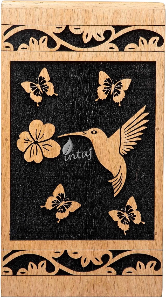 Handcarved Wooden Cremation Urn – Hummingbird Design in Beechwood – Suitable for Adult Men & Women – 115 Cu/in Capacity