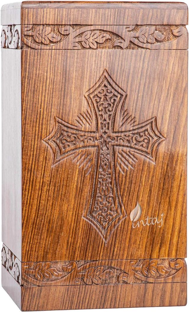 Handcarved Wooden Cremation Urn – Grace and Mercy Latin Cross Design – Suitable for Adult Men & Women, Mom & Dad – 115 Cu/in Capacity