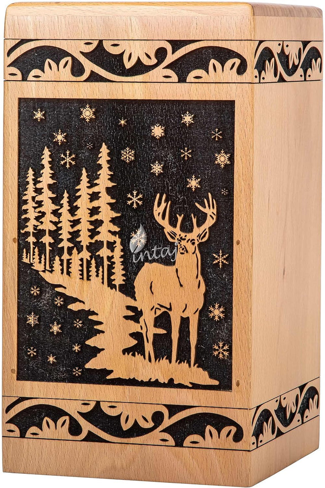 Handcarved Wooden Cremation Urn – Deer Carved Design in Beechwood – Suitable for Adult Men & Women, Mom & Dad, and Pet Dogs – 180 Cu/in Capacity