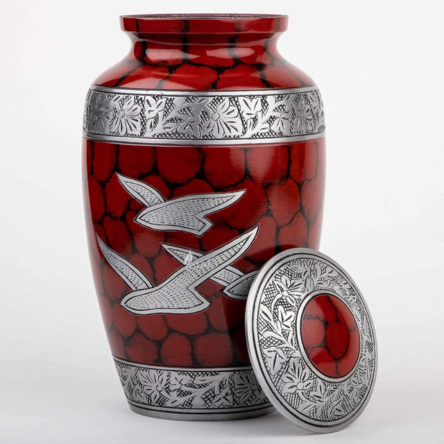 Handcrafted Silver Cremation Urn – Classic Royal Wings Red Design – Suitable for Adult Men & Women, Mom & Dad