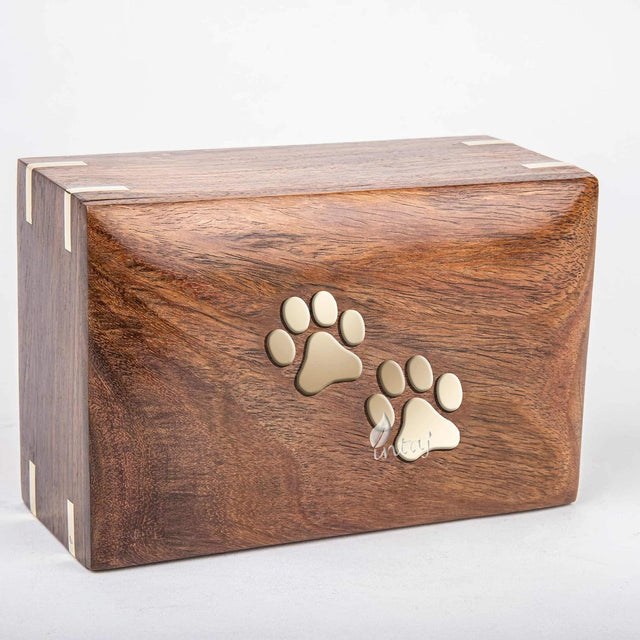 Handcarved Wooden Pet Cremation Urn – Custom Engraved Rosewood with Two Paws Inlaid Design – Suitable for Pets – 121lbs Capacity