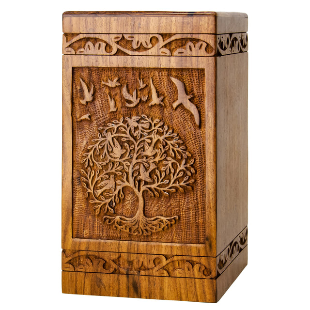 Handcarved Wooden Cremation Urn – Tree of Life – Suitable for Adult Men & Women – 250lbs