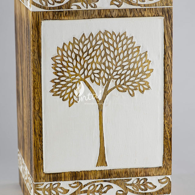 Handcarved Wooden Cremation Urn – Pyramidal Tree of Life Design – Suitable for Adult Men & Women, Mom & Dad, Pets – 115 Cu/in Capacity