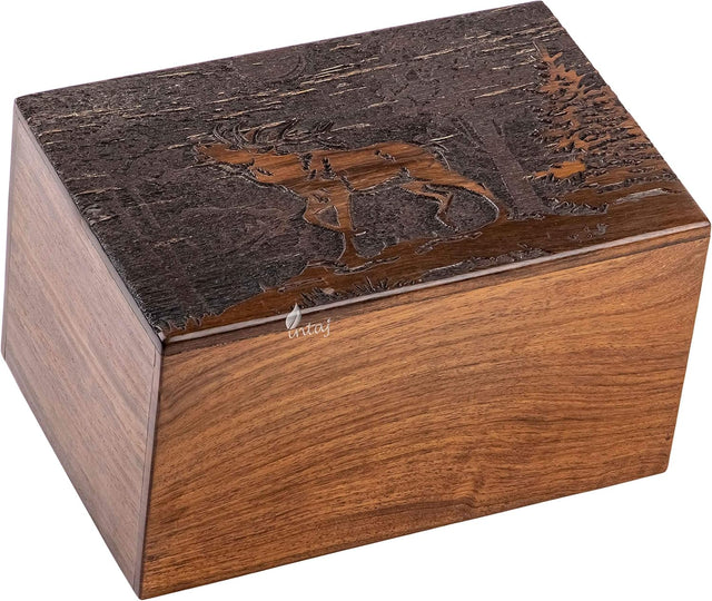 Handmade Wooden Cremation Urn – Deer Engraved – Suitable for Human Ashes – M (7.5x5x3.75, 110 Cu/in)