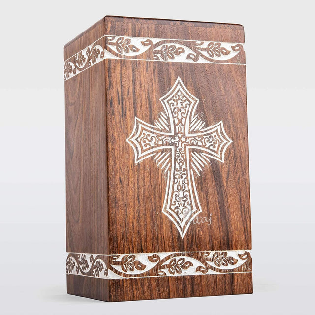 Handcarved Wooden Cremation Urn – Grace and Mercy Cross Design – Suitable for Adult Men & Women, Mom & Dad – 115 Cu/in Capacity